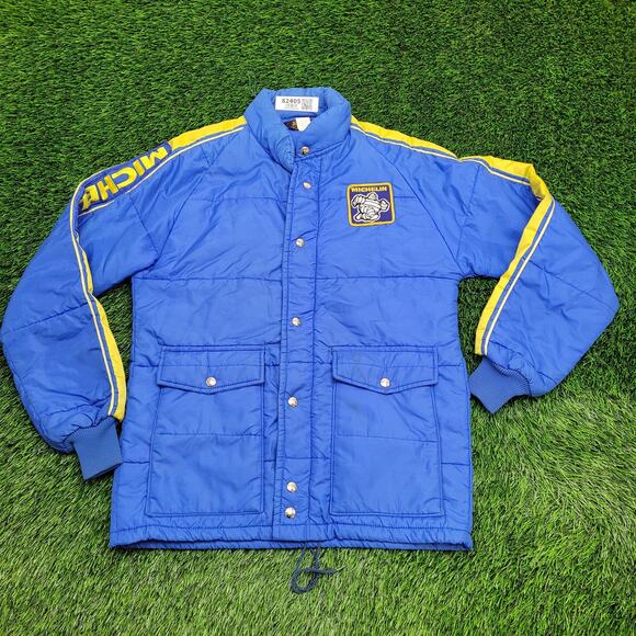 Vintage 70s Michelin Racing Puffer Jacket Small 21x28 Blue - Picture 1 of 16